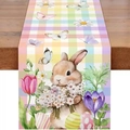 Easter table runner with colorful plaid, hand-painted bunnies and spring flower patterns - 33*90cm