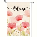 Double-sided floral garden flag with pink poppies and Welcome text on metal stand - Watercolor Poppy Welcome (3) / 30x45cm
