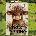 Macro detail of Highland cow floral flag hanging on a black metal pole in a spring garden - Highland Cow Barrel hello SPRING (7) / 30x45cm
