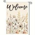 Detail of linen Welcome garden flag featuring floral poppy patterns and metal stand - Hand Painted Floral Welcome (8) / 30x45cm