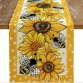 Chemin de table en lin avec motifs tournesols et abeilles et bords jaunes à pois - Imprimé Tournesol Abeille / 33*183cm