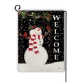 Drapeau de jardin bonhomme de neige avec texte Welcome, oiseaux rouges et support en métal - Style Bonhomme de Neige au Haut-de-forme et Oiseaux (18)
