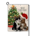 Détail du drapeau de jardin de Noël avec chats peints à la main et texture en lin - Style Deux Chats de Noël qui se Câlinent (21)