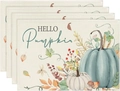Set of 4 linen Thanksgiving placemats with watercolor pumpkins and fall leaves - HELLO Pumpkin Watercolor (Style 14)