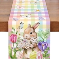 Paas tafelrunner met konijn tulpen en eieren op een kleurrijke geblokte achtergrond - 33*90cm