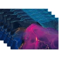 Detailed view of four linen placemats with abstract blue and gold marble ink patterns - Dark Blue Rose Purple Gold(16)