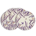 Close-up of four round linen placemats with lavender and butterfly watercolor print - Lavender Butterfly Style