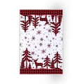 Detalle de una toalla navideña con cuadros rojos y negros, renos, pinos y copos de nieve - Estilo Árbol de Navidad