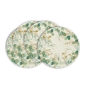 Set of 4 round linen placemats with green eucalyptus leaves and gold line patterns - Nordic Eucalyptus Style