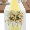 Chemin de table à rayures jaunes et motifs floraux pour décoration de cuisine - Fleurs de Forêt à Rayures Jaunes / 33*183cm
