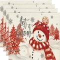 Set of 4 Christmas linen placemats featuring snowmen, red birds and Let it snow text - 30*45cm / Snowman & Cardinal Red Background (Style 7)
