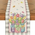 Chemin de table tulipes avec bordures à carreaux gris et motifs de bocaux Bloom - Pot en Verre Tulipe avec Nœud Coloré / 33*183cm
