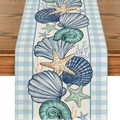 Camino de mesa costero con estampado de estrellas de mar y conchas en mesa madera - 33*90cm / Conchas Marinas Cuadros Azules (3)