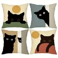 Modern black cat art linen pillow covers set of four in minimalist neutral earth tones - Four-Piece Set / 45*45 (Linen)