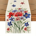 Chemin de table floral avec fleurs aquarelles rouges et bleues sur tissu lin - Red and Blue Watercolor Floral / 33*183cm
