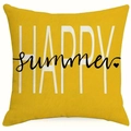 Close-up of Happy Summer text on a yellow watercolor daisy pillowcase texture - Happy Summer Artistic Style