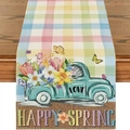 Chemin de table à carreaux avec camion vintage et fleurs pour décoration de printemps - Illustration de Printemps Pickup Vintage / 33*183cm