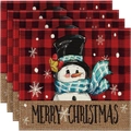 Christmas placemats set of 4 with snowman print and red black buffalo plaid linen texture - 30*45cm / Red Plaid Scarf Snowman Style (Style 13)