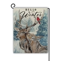 Doppelseitige Leinen-Gartenflagge mit Aquarell-Rentieren und HELLO Winter Schriftzug für Weihnachten - 30x45cm / Winterrentier und Kardinalvogel Stil (3)