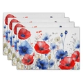 Set of 4 linen placemats with colorful watercolor floral patterns and fabric texture - Red Blue Poppy (4)