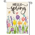 Hello Spring garden flag with colorful tulips and butterflies on burlap fabric - Tulip Butterfly HELLO spring (5) / 30x45cm