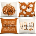 Set of 4 autumn pumpkin throw pillow covers with orange stripes and fall motifs - Tools Set Combo / Linen