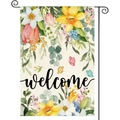 Garden welcome flag featuring watercolor spring flowers and butterflies on burlap - Daffodil Tulip welcome (6) / 30x45cm
