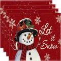 Set of 4 red linen Christmas placemats featuring a snowman and Let it Snow slogan - 30*45cm / Snowman with Top Hat and Text (Style 14)
