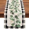 Chemin de table rustique avec imprimés eucalyptus et bordures à carreaux noir et blanc - Carreaux Buffalo Feuilles d'Eucalyptus / 33*183cm