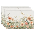 Linen placemat set of 4 with watercolor sunflowers and dragonflies floral design - Floral Dragonfly (6)