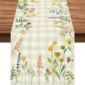 Chemin de table à carreaux avec fleurs d'aquarelle, marguerites jaunes et lavande - Impression de Fleurs Sauvages sur Fond Gingham / 33*183cm