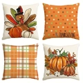 Set of 4 Thanksgiving pillow covers with turkey, pumpkin, and autumn leaf designs - Thanksgiving Turkey Pumpkin Pattern Set / Linen Material