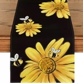 Black table runner with yellow daisies and bee patterns on a rustic wooden table surface - Black Sunflower Bee (5)