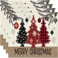 Set of 4 Christmas linen placemats with festive tree prints and Merry Christmas text - 30*45cm / Three Christmas Trees Greeting Style (Style 17)