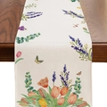 Chemin de table floral avec motifs de lavande et tulipes sur tissu lin - Impression de Fleurs et Insectes de Printemps / 33*183cm