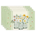 Set of 4 linen placemats with daisy flower prints and Home Sweet Home text in green stripes - Daisy Stripes (8)