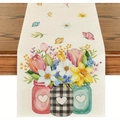 Chemin de table floral aux tulipes avec pots colorés sur fond de table en bois massif - Pot à Cœur Tulipes et Narcisses / 33*183cm