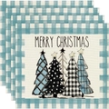 Set of 4 Christmas linen placemats with blue plaid border and decorative trees - 30*45cm / Blue Plaid Border Christmas Tree Style (Style 20)