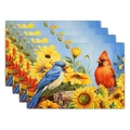 Set of 4 linen placemats with realistic sunflower and colorful bird oil painting print - Bird Sunflower (10)