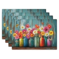 Set of 4 linen placemats with colorful floral bottles on blue wood texture - Wood Floral (11)