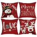 Set mit vier roten Weihnachts-Kissenbezügen mit Schneemann, Rentier und Festmustern - Vierteiliges Set (Roter Kurzplüsch) / 45x45cm