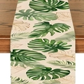 Linen table runner with tropical monstera leaf print on dark wood dining table - Tropical Monstera (11)