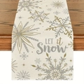 Close-up of linen table runner with gold snowflakes and Let it Snow festive lettering - Snowflakes Let it Snow (11)