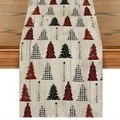 Detail of linen Christmas table runner featuring red plaid and polka dot tree patterns - Mixed Plaid Tree (9)