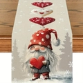 Detail of Christmas linen table runner featuring a cartoon gnome with red heart and snowflakes - Gnome with Heart (10)