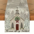 Detailed linen table runner featuring a white church with snowy pine trees and lyrics - Retro Church Snow Scene (14)