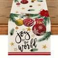 Linen Christmas table runner with Joy to the World print and festive pinecone design - Joy to the World (15)