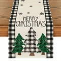 Detail of Christmas table runner with buffalo plaid border and festive tree prints - Plaid Three Trees Merry Christmas (16)