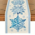 Detailed weave of linen Christmas table runner featuring blue watercolor snowflakes - Blue Watercolor Snowflakes (18)
