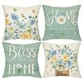 Set aus vier Gänseblümchen Kissenbezügen mit Blumendruck und Home Sweet Home Schriftzug - 45*45 (Leinen) / 4er-Set
